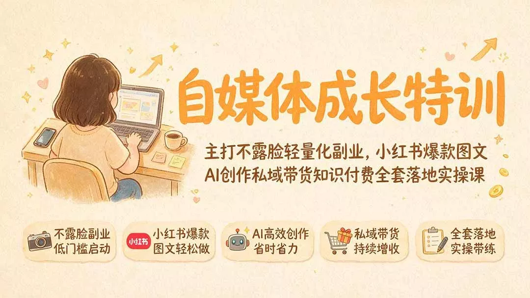 自媒体成长特训｜主打不露脸轻量化副业，小红书爆款图文AI创作私域带货知识付费全套落地实操课-33资源网