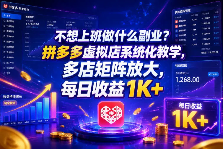 不想上班做什么副业?拼多多虚拟店系统化教学,多店矩阵放大,每日收益1K+【揭秘】-33资源网
