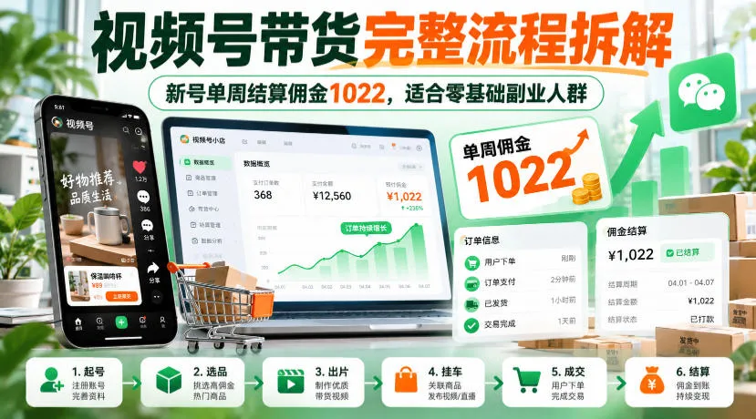 视频号带货完整流程拆解,新号单周结算佣金1022,适合零基础副业人群-33资源网