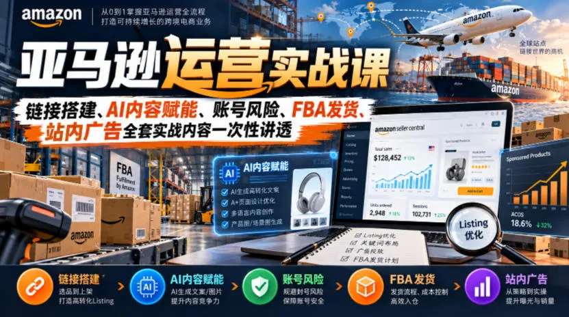 亚马逊运营实战课,链接搭建、AI内容赋能、账号风险、FBA发货、站内广告全套实战内容一次性讲透-33资源网