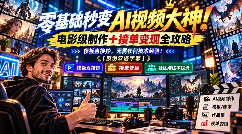 零基础秒变AI视频大神!电影级制作+接单变现全攻略,模板直接抄,无需任何技术经验!【原创双语字幕】-33资源网