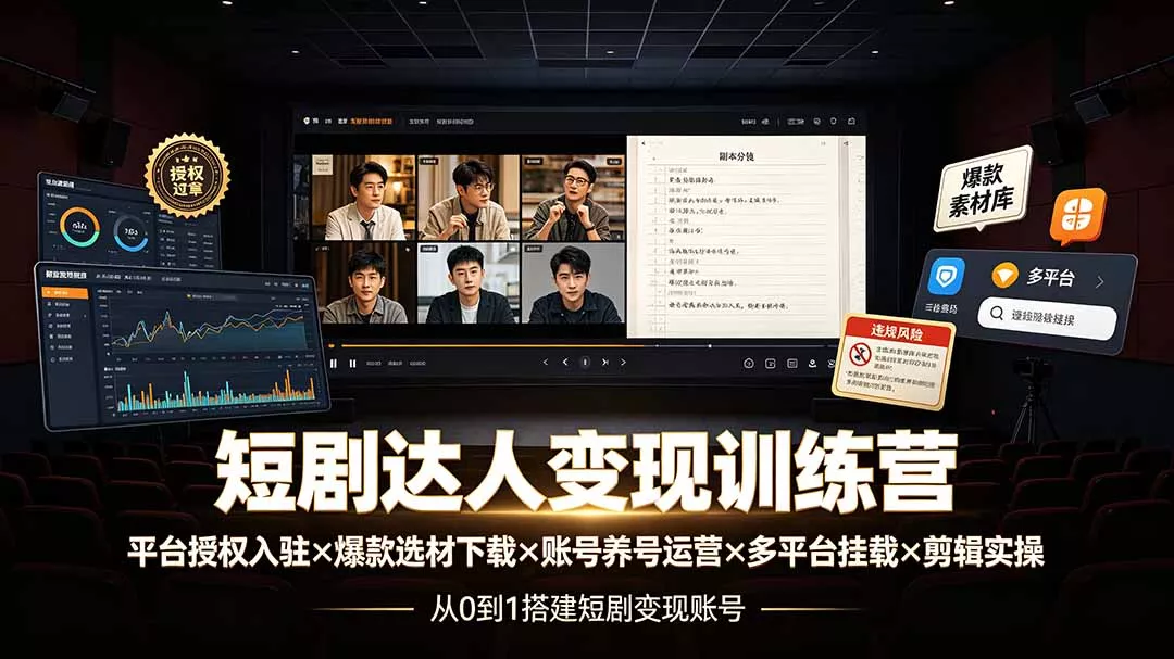 短剧达人变现训练营:平台授权入驻×爆款选材下载×账号养号运营×多平台挂载×剪辑实操×违规处理全流程-33资源网