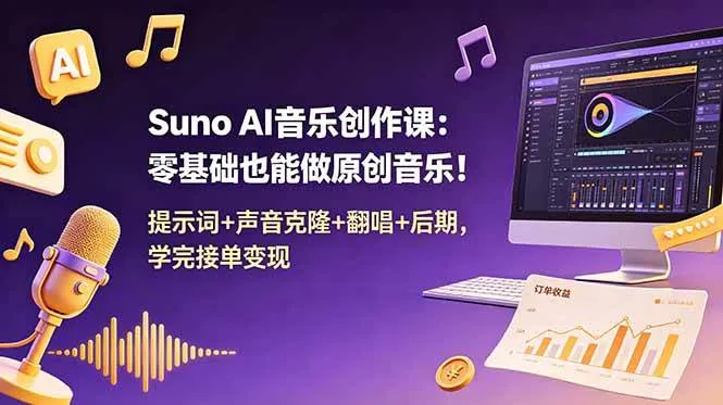 (18945期) Suno AI音乐创作课:零基础也能做原创音乐!提示词+声音克隆+翻唱+后期,学完接单变现-33资源网