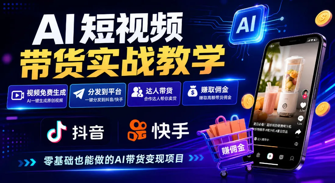 AI短视频带货实战教学，视频免费生成，分发到抖音快手平台，达人带货賺佣金-33资源网