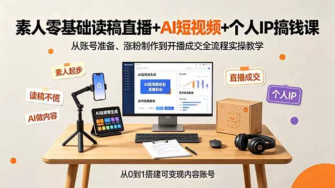 素人零基础读稿直播+AI短视频+个人IP搞钱课，从账号准备、涨粉制作到开播成交全流程实操教学-33资源网