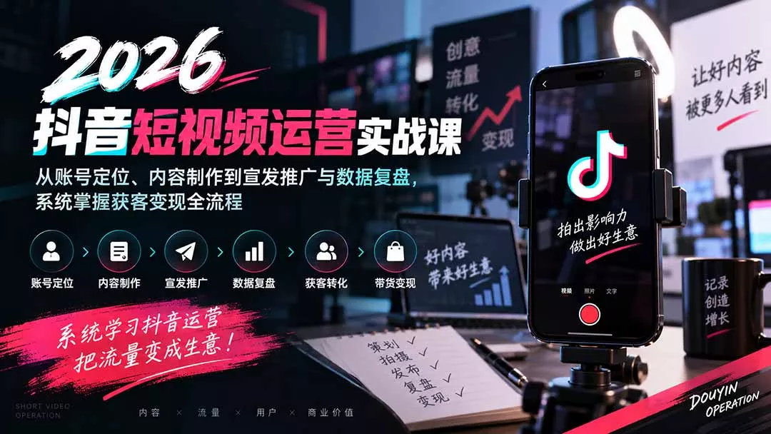2026抖音短视频运营实战课：从账号定位、内容制作到宣发推广与数据复盘，系统掌握获客变现全流程-33资源网
