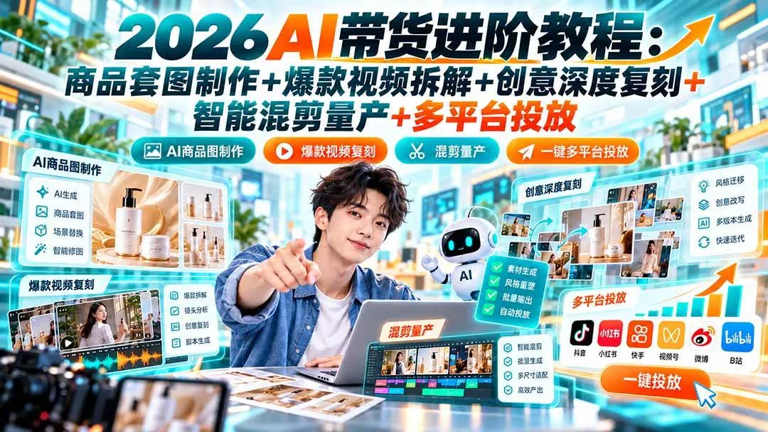 (20857期)2026AI带货进阶教程:商品套图制作+爆款视频拆解+创意深度复刻+智能混剪量产+多平台投放-33资源网