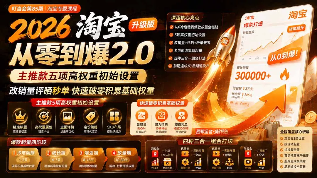2026淘宝从零到爆2.0第85期；主推款五项高权重初始设置，改销量评晒秒单快速破零积累基础权重-33资源网