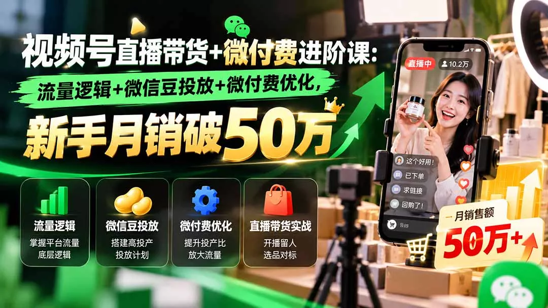 视频号直播带货+微付费进阶课-更新1010:流量逻辑+微信豆投放+微付费优化,新手月销破50万-33资源网