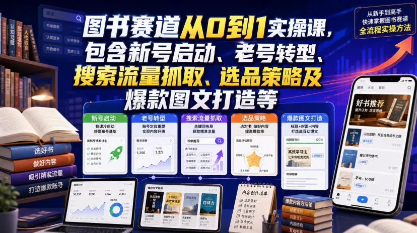 图书赛道从0到1实操课,包含新号启动、老号转型、搜索流量抓取、选品策略及爆款图文打造等-33资源网