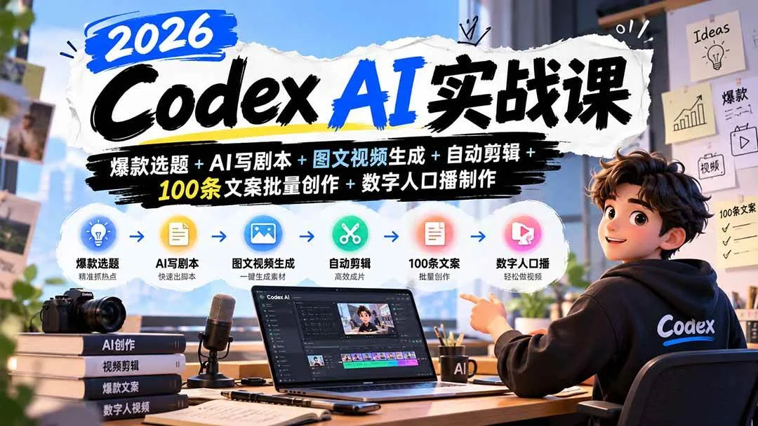 （20899期）2026Codex AI实战课：爆款选题+AI写剧本+图文视频生成+自动剪辑+100条文案批量创作+数字人口播制作-33资源网