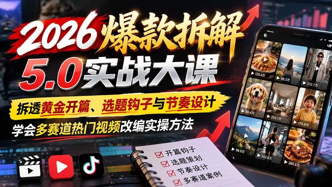 （21110期）2026爆款拆解5.0实战大课：拆透黄金开篇、选题钩子与节奏设计，学会多赛道热门视频改编实操方法-33资源网