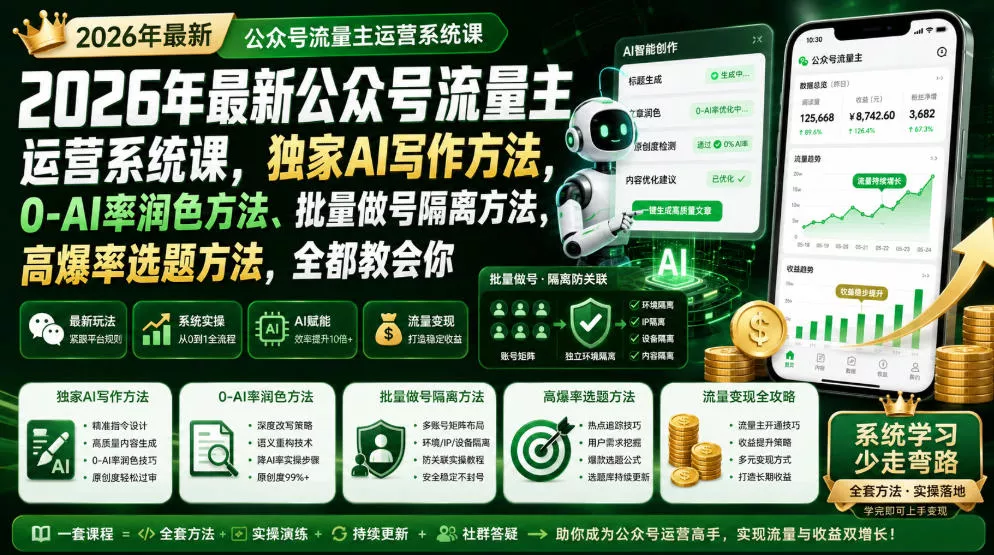 2026年最新公众号流量主运营系统课，独家AI写作方法，0-AI率润色方法、批量做号隔离方法、高爆率选题方法，全都教会你(更新1009)-33资源网