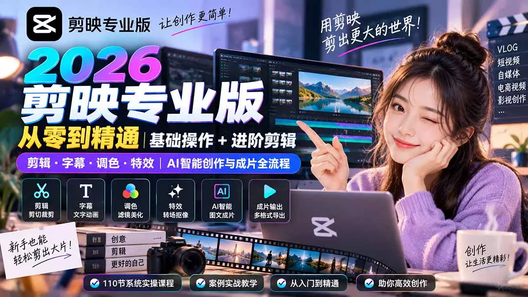 2026剪映专业版从零到精通｜基础操作+进阶剪辑｜剪辑·字幕·调色·特效｜AI智能创作与成片全流程-33资源网