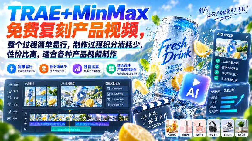 TRAE+MinMax免费复刻产品视频，整个过程简单易行，制作过程积分消耗少，性价比高，适合各种产品视频制作-33资源网
