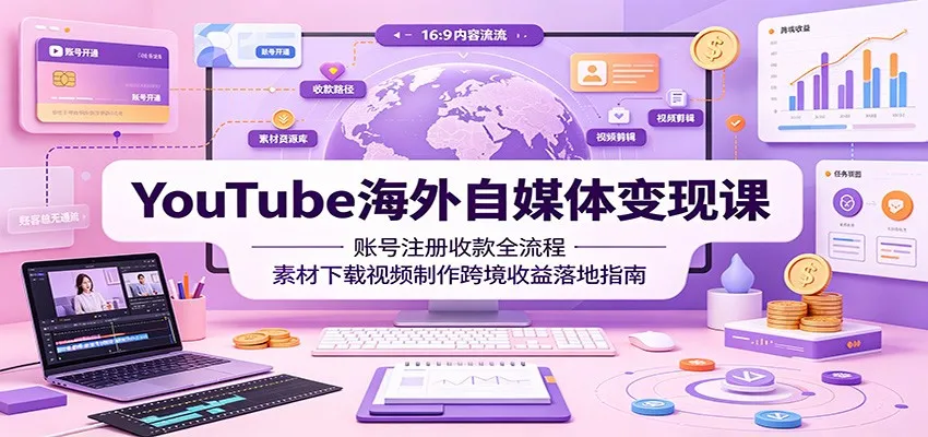 YouTube海外自媒体变现课:账号注册收款全流程,素材下载视频制作跨境收益落地指南-33资源网