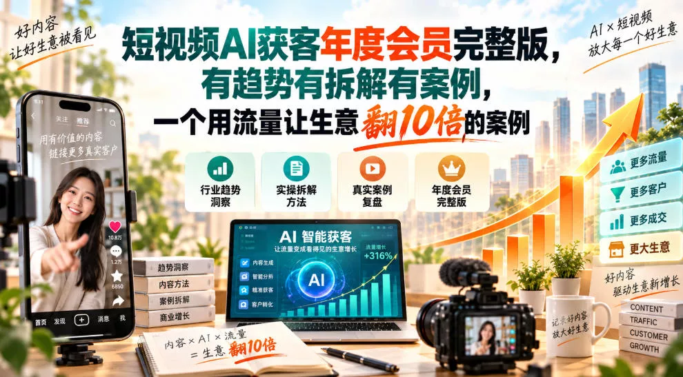 短视频AI获客年度会员完整版，有趋势有拆解有案例，一个用流量让生意翻10倍的案例-33资源网
