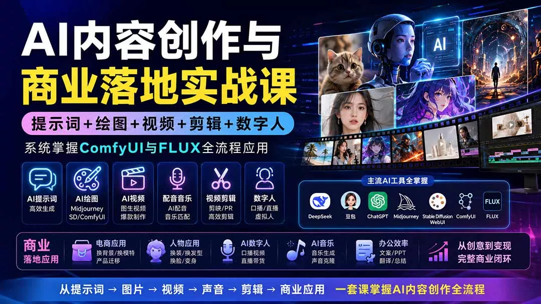 AI内容创作与商业落地实战课：提示词+绘图+视频+剪辑+数字人，系统掌握ComfyUI与FLUX全流程应用-33资源网