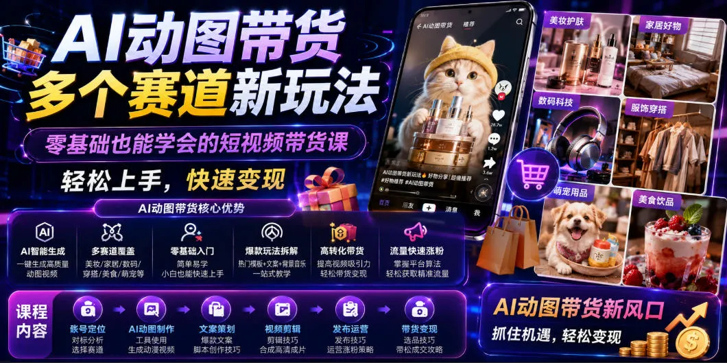 AI动图带货多个赛道新玩法,零基础也能学会的短视频带货课,轻松上手,快速变现-33资源网