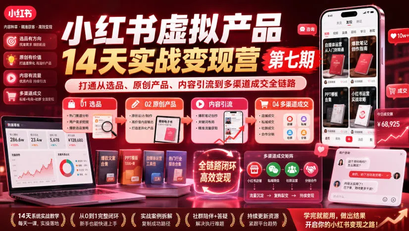 小红书虚拟产品14天实战变现营第七期,打通从选品、原创产品、内容引流到多渠道成交全链路-33资源网
