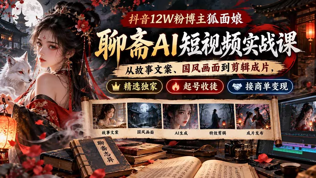 抖音12W粉博主狐面娘-聊斋AI短视频实战课：从故事文案、国风画面到剪辑成片，精选独家+起号收徒+接商单变现-33资源网