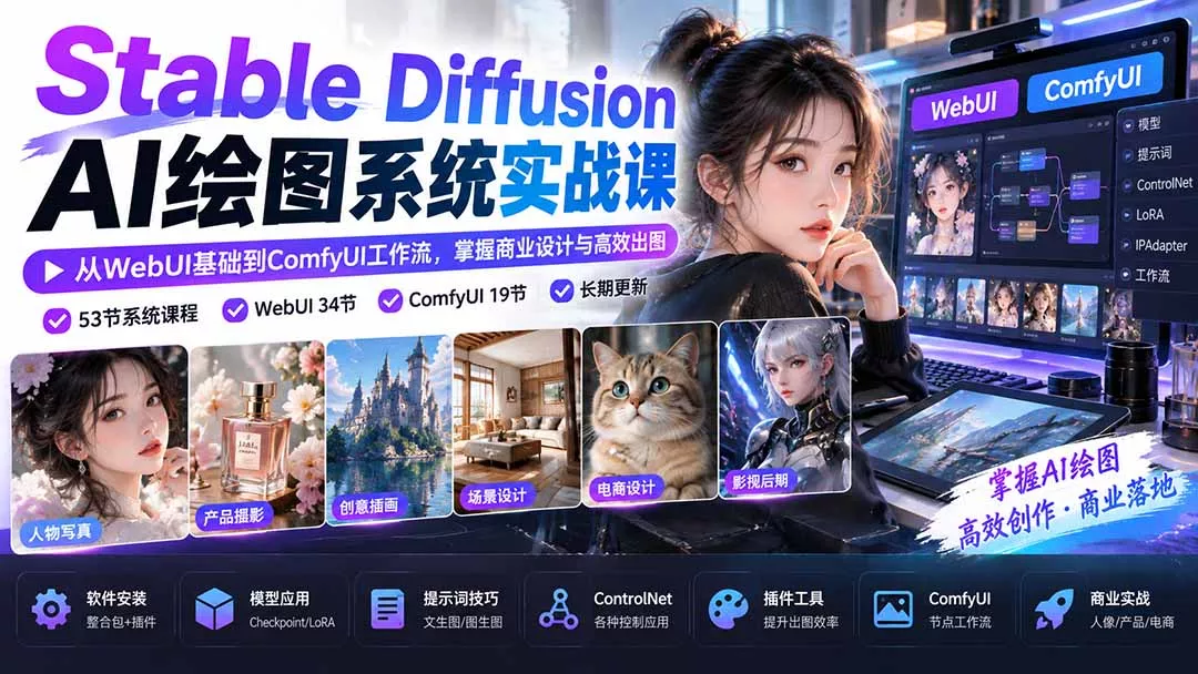 【无水印】Stable Diffusion AI绘图系统实战课:从WebUI基础到ComfyUI工作流,掌握商业设计与高效出图-33资源网