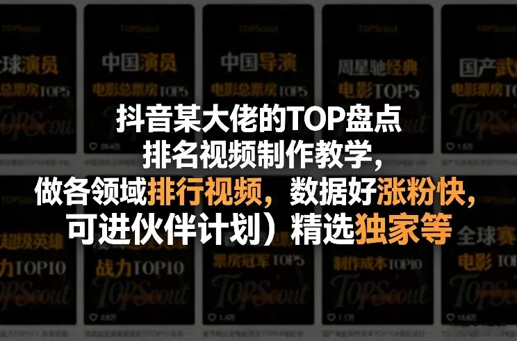 抖音某大佬的TOP盘点排名视频制作，做各领域排行视频，数据好涨粉快，可进伙伴计划＋精选独家等-33资源网