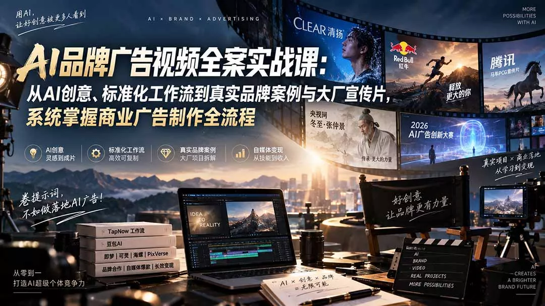 AI品牌广告视频全案实战课：从AI创意、标准化工作流到真实品牌案例与大厂宣传片，系统掌握商业广告制作全流程-33资源网