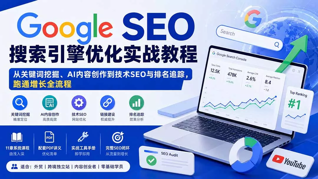 Google SEO搜索引擎优化实战教程：从关键词挖掘、AI内容创作到技术SEO与排名追踪，跑通增长全流程-33资源网