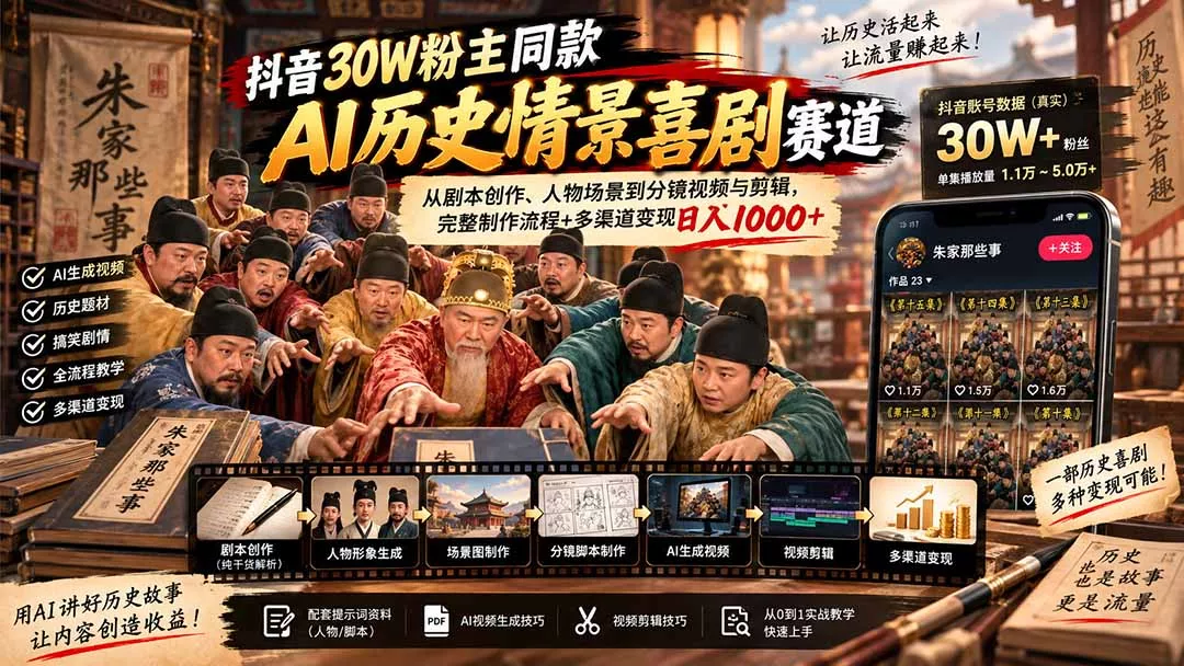 抖音30W粉博主同款AI历史情景喜剧赛道：从剧本创作、人物场景到分镜视频与剪辑，完整制作流程+多渠道变现日入1000+-33资源网