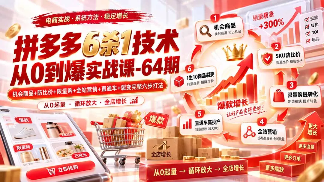 拼多多6杀1技术从0到爆实战课-64期：机会商品+防比价+限量购+全站营销+直通车+裂变完整六步打法-33资源网