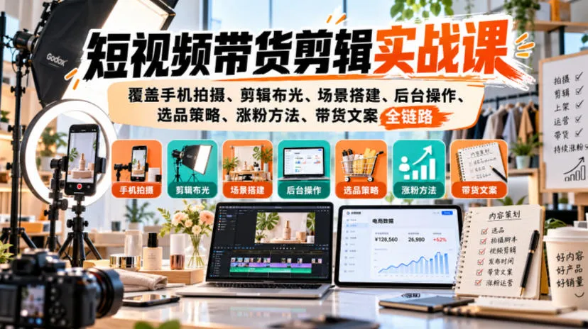 短视频带货剪辑实战课，覆盖手机拍摄、剪辑布光、场景搭建、后台操作、选品策略、涨粉方法、带货文案全链路-33资源网