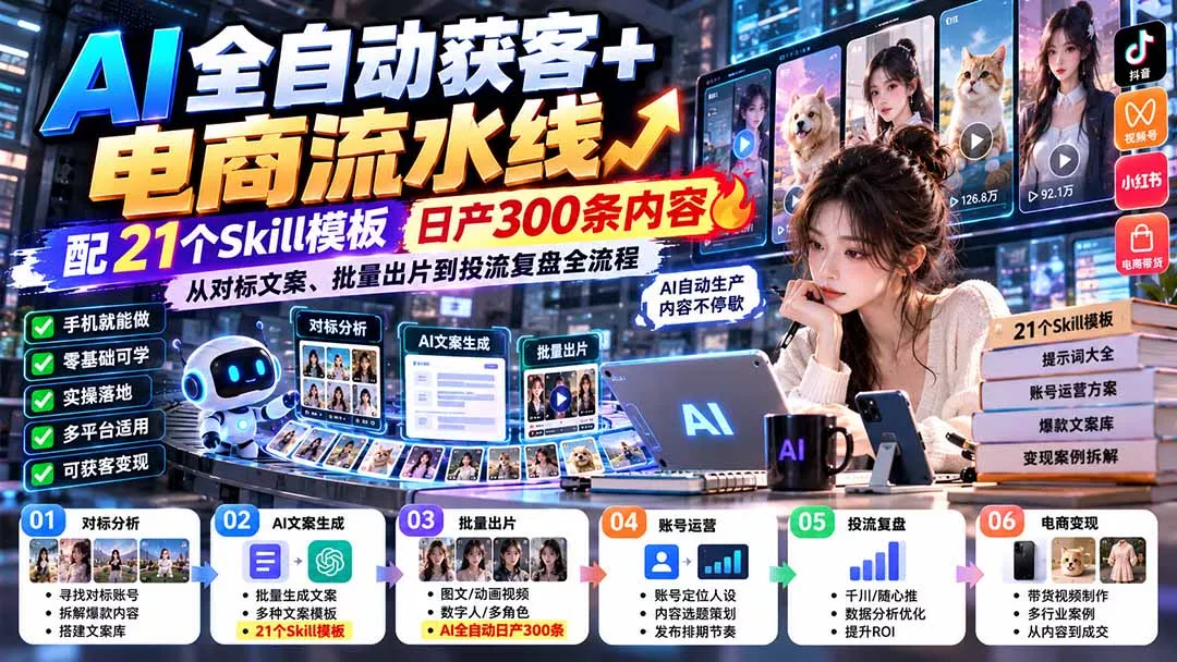 【无水印】AI全自动获客+电商流水线：配21个Skill模板，日产300条内容，从对标文案、批量出片到投流复盘全流程-33资源网