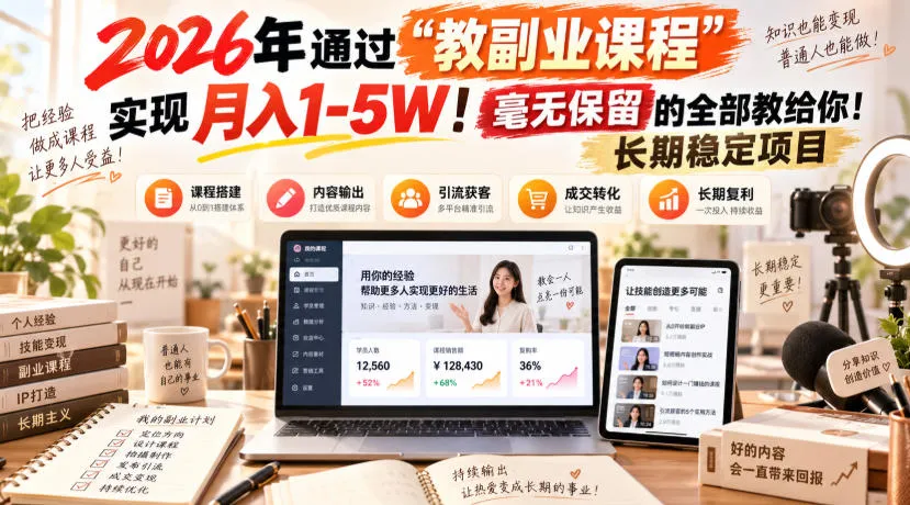 2026年通过“教副业课程”实现月入1-5W!毫无保留的全部教给你!长期稳定项目【揭秘】-33资源网
