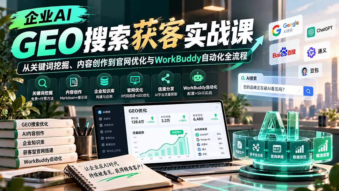 企业AI GEO搜索获客实战课：从关键词挖掘、内容创作到官网优化与WorkBuddy自动化全流程-33资源网