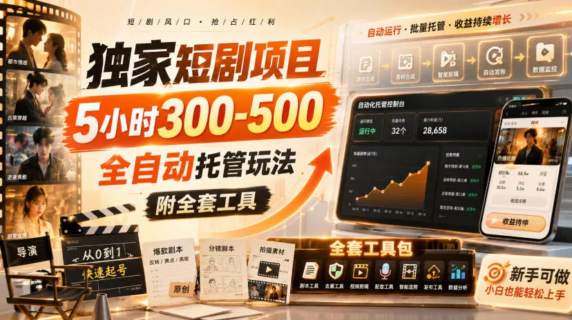 独家短剧项目，5小时300-500，全自动托管玩法，附全套工具【揭秘】-33资源网