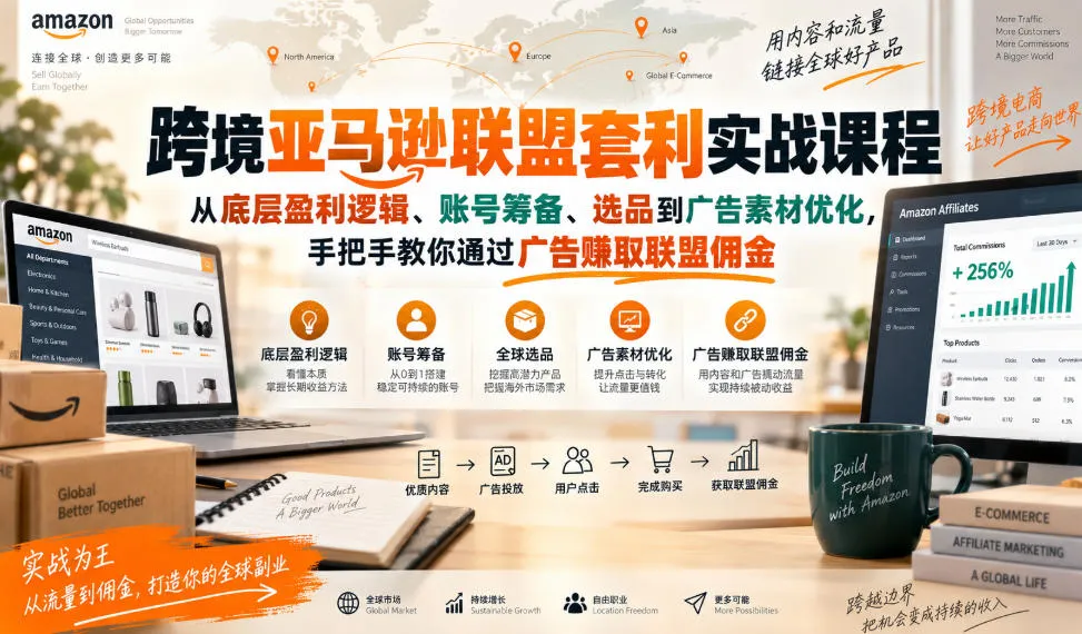 跨境亚马逊联盟套利实战课程，从底层盈利逻辑、账号筹备、选品到广告素材优化，手把手教你通过广告賺取联盟佣金-33资源网
