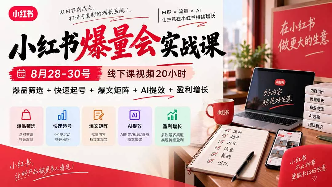 小红书爆量会实战课：8月28-30号线下课视频20小时，爆品筛选+快速起号+爆文矩阵+AI提效+盈利增长-33资源网