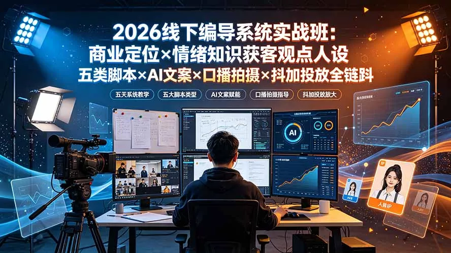 2026线下编导系统实战班：商业定位×情绪知识获客观点人设五类脚本×AI文案×口播拍摄×抖加投放全链路-33资源网