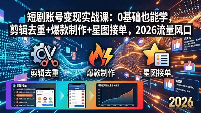 （18160期）短剧账号变现实战课：0基础也能学，剪辑去重+爆款制作+星图接单，2026流量风口-33资源网