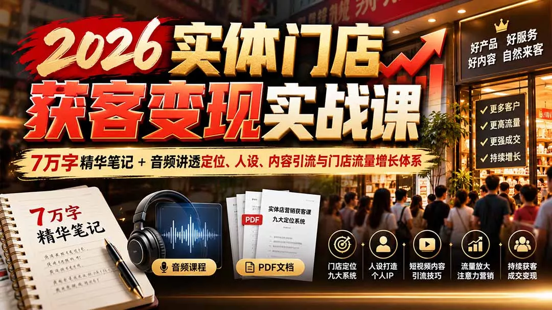 2026实体门店获客变现实战课:7万字精华笔记+音频讲透定位、人设、内容引流与门店流量增长体系-33资源网