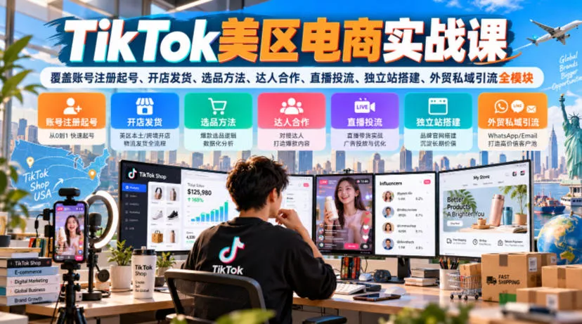 TikTok美区电商实战课，覆盖账号注册起号、开店发货、选品方法、达人合作、直播投流、独立站搭建、外贸私域引流全模块-33资源网