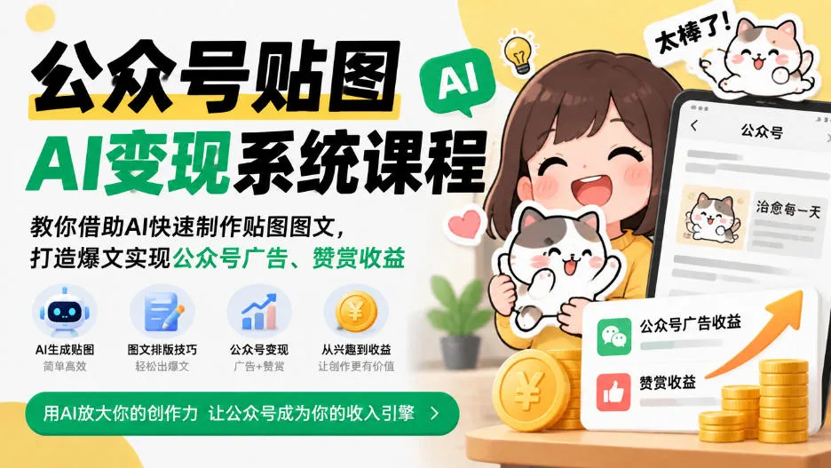 公众号贴图AI变现系统课程|教你借助AI快速制作贴图图文,打造爆文实现公众号广告、赞赏收益-33资源网