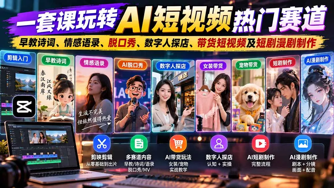 一套课玩转AI短视频热门赛道:早教诗词、情感语录、脱口秀、数字人探店、带货短视频及短剧漫剧制作 复制标题-33资源网