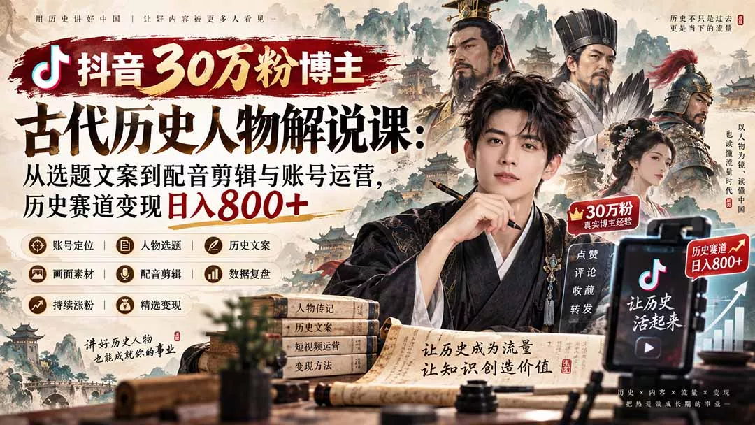 抖音30万粉博主古代历史人物解说课：从选题文案到配音剪辑与账号运营，历史赛道变现日入800+-33资源网