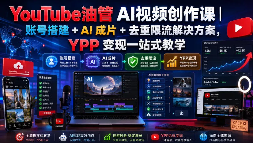 YouTube油管AI视频创作课|账号搭建+AI成片+去重限流解决方案,YPP变现一站式教学(更新0817)-33资源网