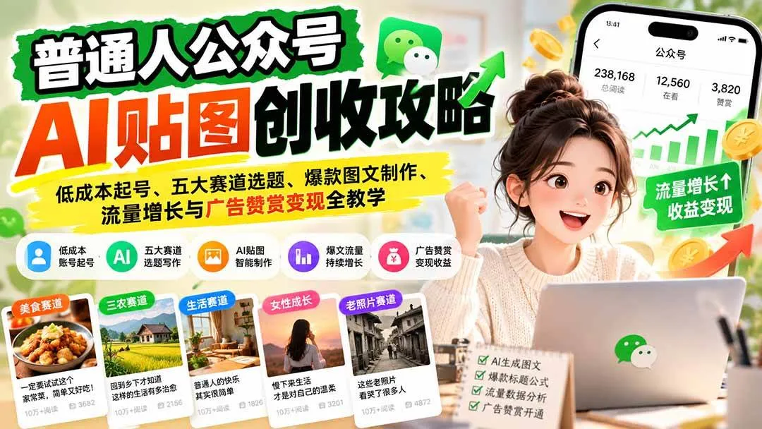 (20972期)普通人公众号AI贴图创收攻略:低成本起号、五大赛道选题、爆款图文制作、流量增长与广告赞赏变现全教学-33资源网