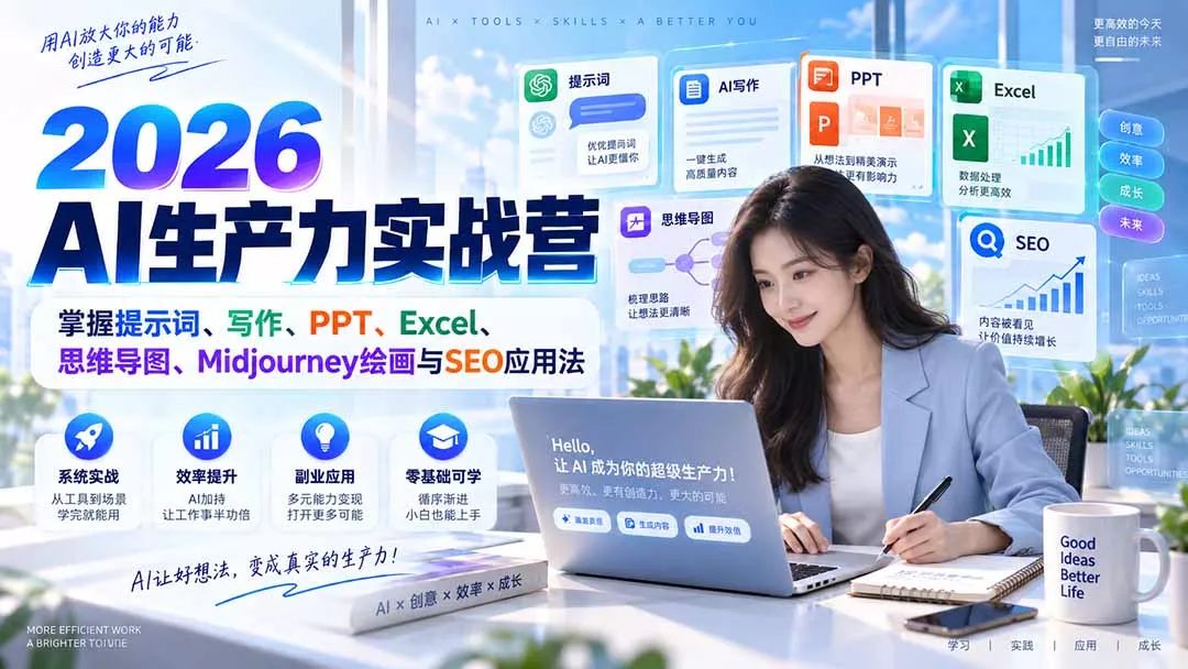 2026AI生产力实战营：掌握提示词、写作、PPT、Excel、思维导图、Midjourney绘画与SEO应用法-33资源网
