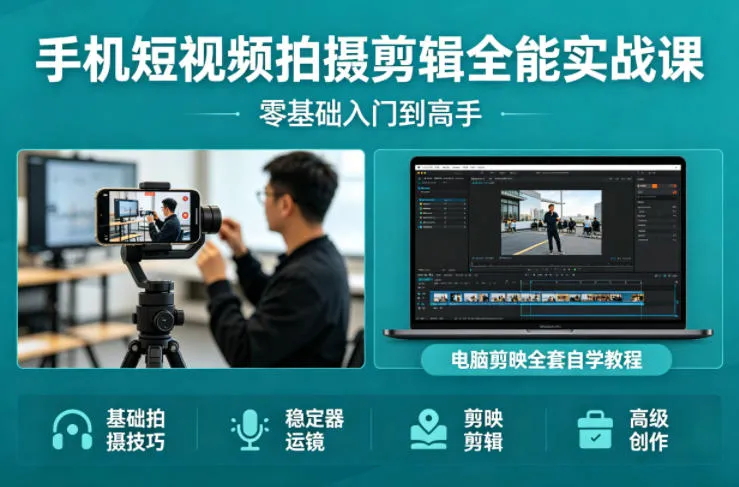 手机短视频拍摄剪辑全能实战课：零基础入门到高手，稳定器运镜+电脑剪映全套自学教程-33资源网