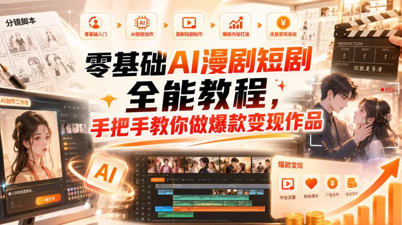 零基础AI漫剧短剧全能教程，从AI智能体搭建、文案脚本分镜、多平台AI生视频、剪映精修，覆盖全题材创作，手把手教你做爆款变现作品-33资源网
